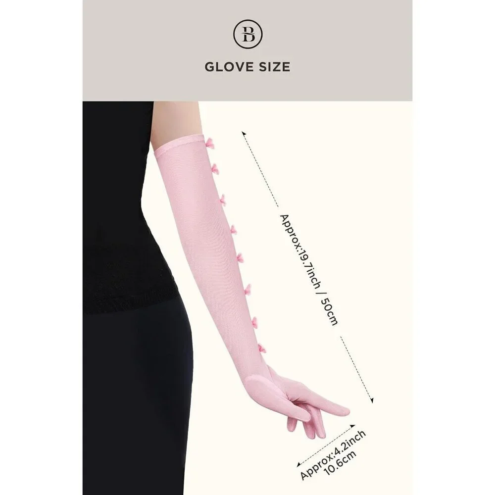 Women's Princess Pink Long Sleeves Gloves Bow Lace Mesh Tulle Party Prom